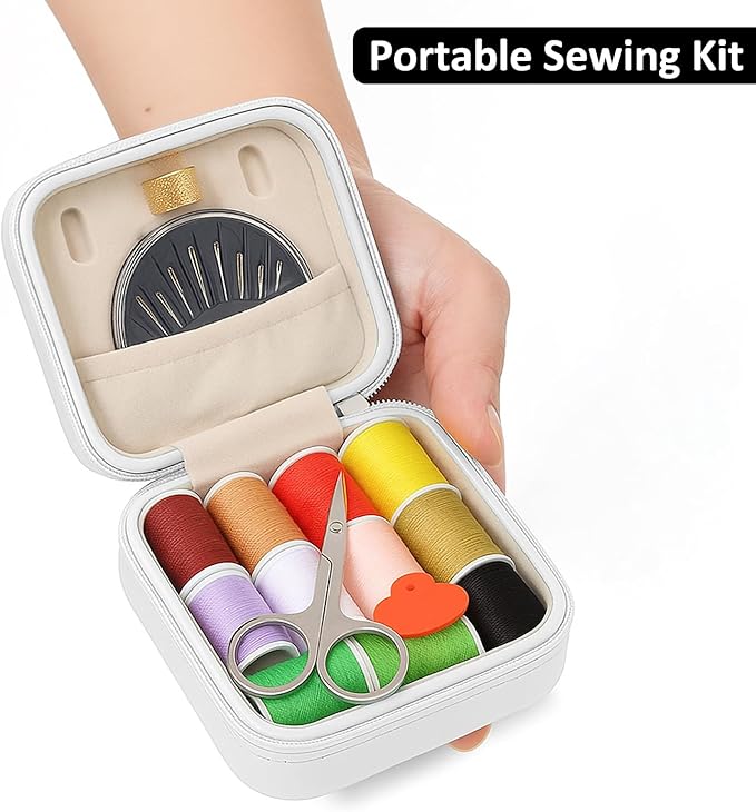 Saipe Portable Sewing Kit Basic Needle and Thread Kit for Beginners and Advanced Sewing Supplies and Accessories Stylish Case with Thread in 11 Colors, Scissors, Needles and Threader (White)