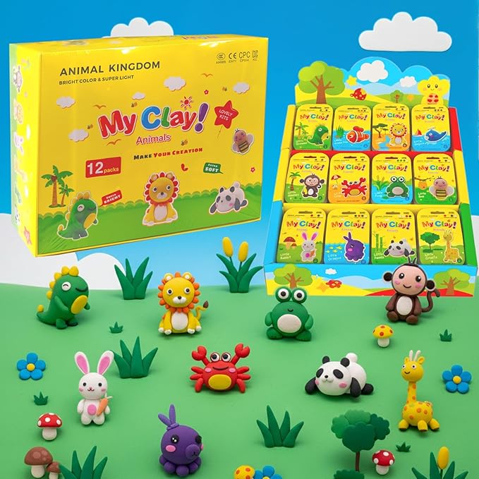 Air Dry Clay Kit, 12 Animals Kingdom Modeling Clay for Kids, DIY Model Magic Clay with Tools&Idea Cards, Soft&Non-Sticky, Safe&Non-Toxic Magic Clays, Creatible Art Crafts Toys Gifts for Boys Girls