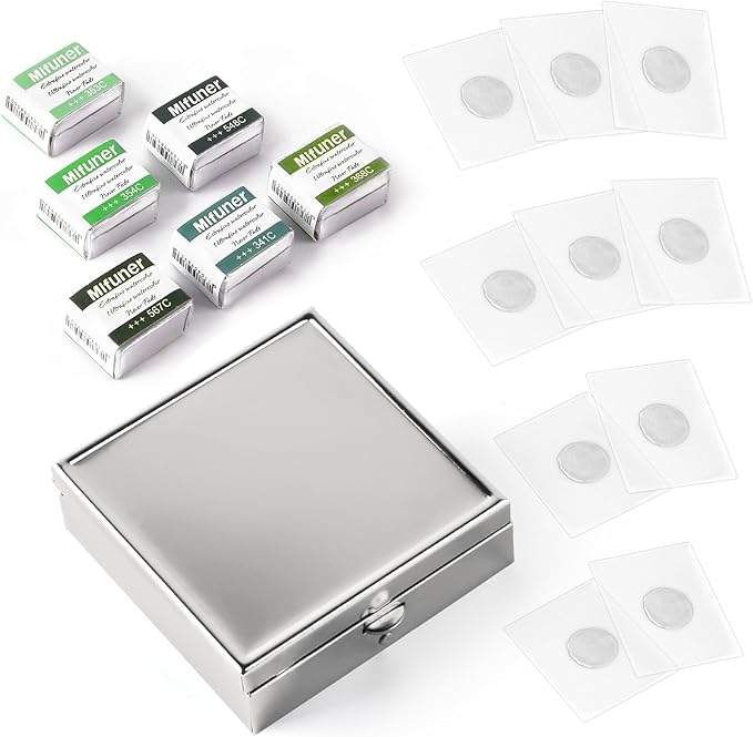 Mini Portable Handmade Artist Watercolor Paint Travel Metallic Box Set with 6 Green Solid Watercolor Half Pans (Each Capacity Approx 1.5ml) Pearlescent.Green