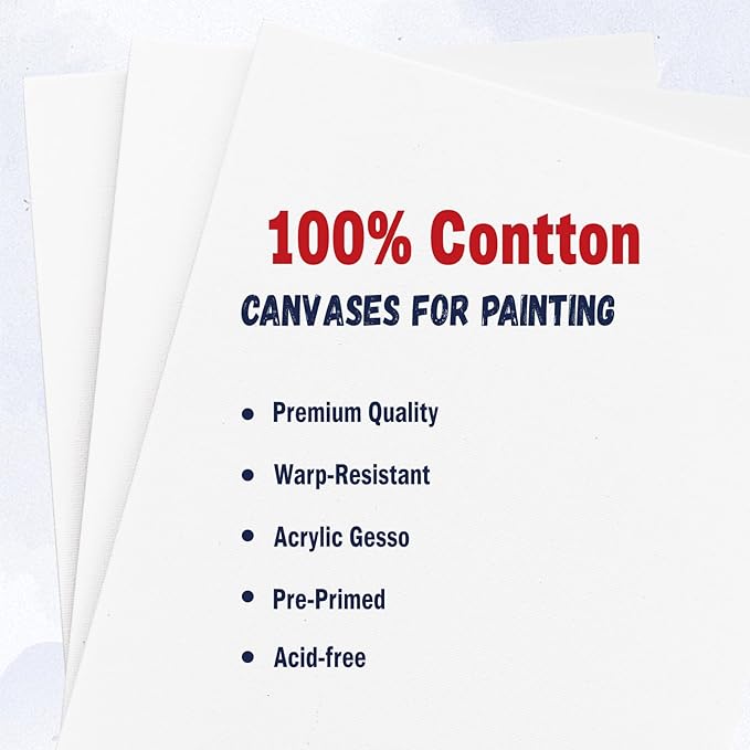 Stretched Canvas for Oil/Acrylic Painting 12x12 Inch (6 Pack) - 100% Cotton Triple Primed White Artist Canvas Boards, Blank for Acrylic, Oil, Watercolor - Professional Art Supplies