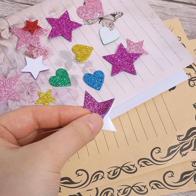 cobee 800 Pcs Heart Star Stickers, Glitter Foam Stickers Stars, Stars Crafts Bubble Sticker for Arts Craft Supplies Greeting Cards Birthday Party Decoration
