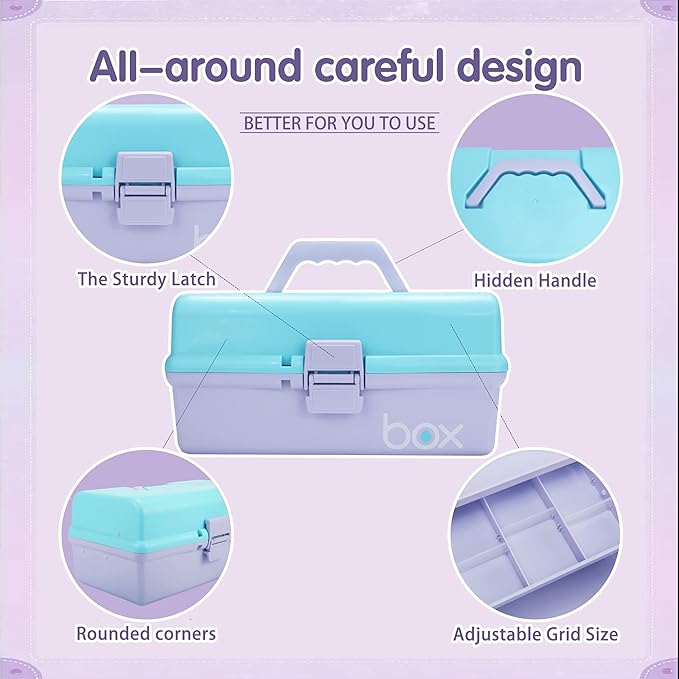 12in 3-Layer Plastic Craft Organizers and Storage, Portable Folding Tackle Box with Handle & Adjustable Dividers, Multipurpose Case for Sewing, Art Supplies, Medicine, Tools (Purple Blue)