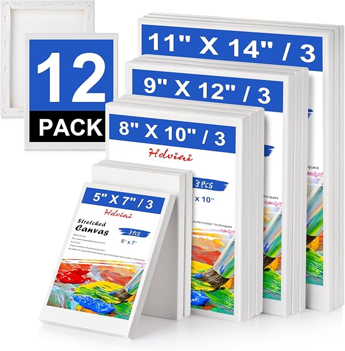Stretched Canvas - 5x7, 8x10, 9x12, 11x14 (3 of Each) Total 12 Canvas Pack - 100% Cotton Blank Canvases for Oils Acrylics and Pouring