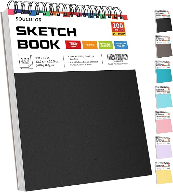 Soucolor 9" x 12" Sketch Book, 100 Sheets Top Spiral Bound Sketchbook with Acid-Free 68lb/100gsm Drawing Paper, Artist Sketch Pad for Kids, Adults & Teens Painting, Drawing, 1 Pack