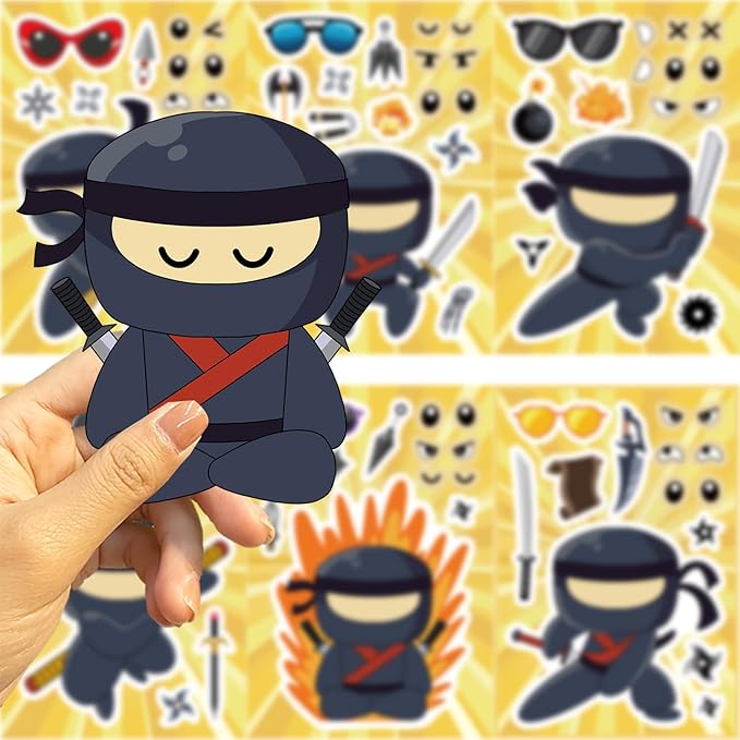 24 Sheets Ninja Face Stickers Set – Mix and Match Cartoon Ninja Expressions and Accessories – DIY Make a Face Sticker Pack for Scrapbooking, Party Favors, Journaling, Craft Supplies