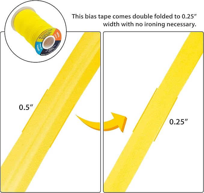 Mandala Crafts 55 Yards 1/4 Inch Yellow Double Fold Bias Tape for Sewing - Bias Binding Tape for Quilting Binding, Hemming, Seam, and Fabric Piping