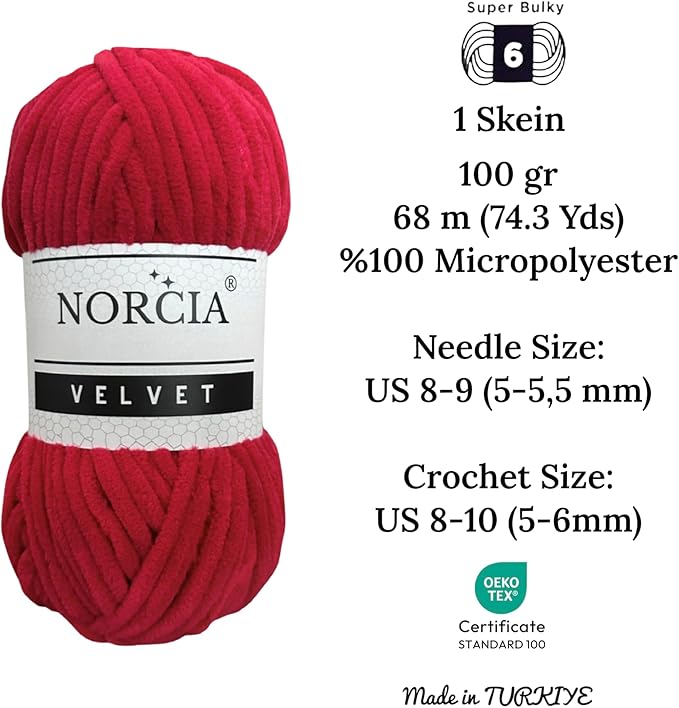 Soft Velvet Yarn Chenille Yarn for Crocheting Super Bulky (100g-3.50oz) (68m-74.3 yds) Baby Blanket Yarn for Knitting Amigurumi Yarn for Crochet Weaving Craft (Red, 1 Skein)