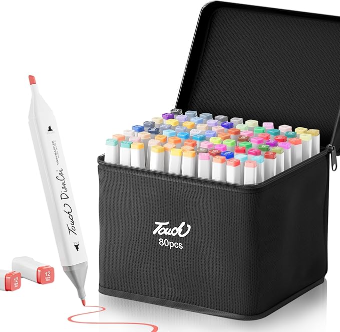 RUN HELIX Alcohol Markers, 80 Colors Dual Tip Markers Broad Brush Tip and Fine Tip, Marker for Coloring Drawing Painting Art, Alcohol Marker Set with Case for Adults(White Barrel)