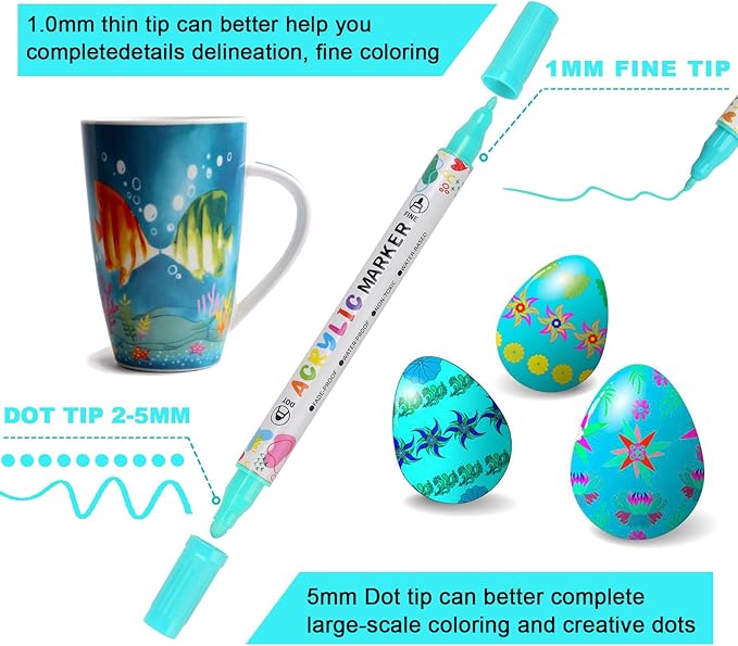 60 Colors Acrylic Paint Pens, Dual Tip Acrylic Paint Markers for Paper, Wood, Canvas, Stone, Rock Painting, Glass, Fabric, DIY, Ceramic, Art Supplies for Adults Drawing (Dot + Fine)