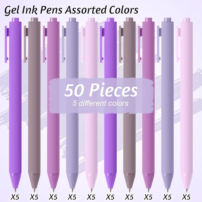 Crtiin 50 Pcs Gel Ink Pens Bulk, Black Ink 0.5mm Fine Point Retractable Pen Smooth Writing Office Supplies for Teacher Server Nurse Christmas Charity Donation Valentine (Purple Series)