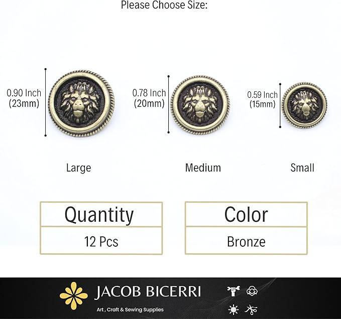 Lion Bronze Metal Shank Buttons - 12 Pcs - 3 Size Options - Luxury Crown Round Wave Metal Shank Buttons for Men Women Blazer Coat Uniform Shirt Suit and Jacket Sewing Craft DIY N14502
