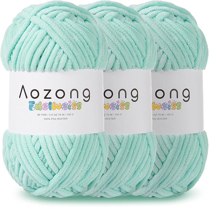 Super Soft and No Shedding Chunky Chenille Yarn for Crocheting and Knitting -Easy to Crochet with-Super Bulky #6, 3Pack of 3.5oz/82yds -Chunky Plush Yarn for Hand Craft Blanket Amigurumi Mint Green