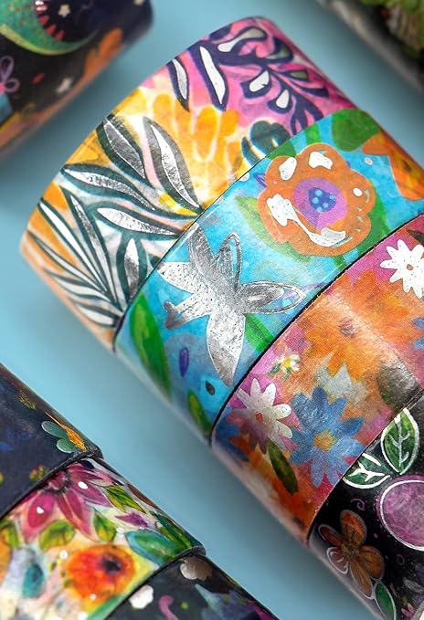 Dinosaur Washi Tape Set, 13 Rolls Silver Foil Cute Washi Tapes, Kawaii Floral Decorative Masking Tape for Journaling Supplies, Scrapbooking, Bullet Journal, Planner Decoration, DIY Crafts