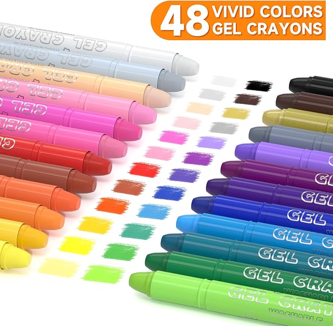 Shuttle Art 48 Colors Gel Crayons for Toddlers, Non-Toxic Crayons Set with 1 Brush and Foldable Case for Kids Children Coloring, Crayon-Pastel-Watercolor Effect, Ideal for Window Paper Glass