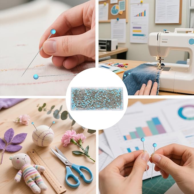 500 PCS Quilting Pins, 1.75 Inch Straight Pins with Blue Glass Ball Head, Stainless Steel Dressmaker Pins for Sewing, Fabric, Crafts, Jewelry Making, DIY Projects