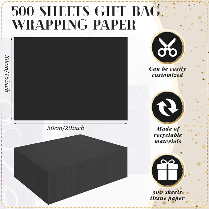 Qilery 500 Sheets Black Tissue Paper Bulk for Gift Bags 15 x 20 Inch Acid Free Packaging Wrapping Paper Sheets for Wedding Party Decor DIY Crafts, Birthday, Shipping Packing