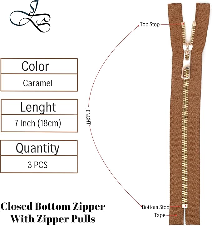 #5 Gold Metal Zipper - 50+ Colors - 3 PCS - (4-14 inches) Sizes - Luxury Lightweight Handcraft Metal Zippers with pulls for Purses Bags Pockets Shoes Sewing & Crafts DIY ZP02468