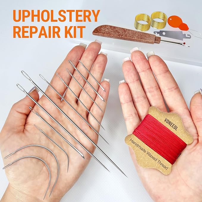 VONEEDL Upholstery Repair Kit: Waxed Sewing Thread (Red Color) & Heavy Duty Needles (11 PCS) for Leather, Canvas & Quilting Thread