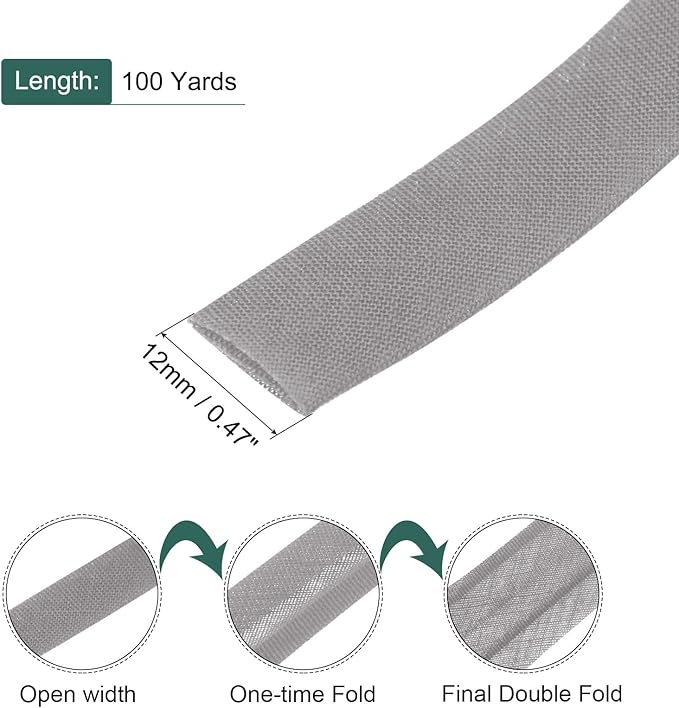 MECCANIXITY 1/2 Inch Double Fold Bias Tape Polyester Continuous Bulk Bias Tape for Sewing, Seaming Quilting Hemming Binding Crafts (Grey 100 Yards)