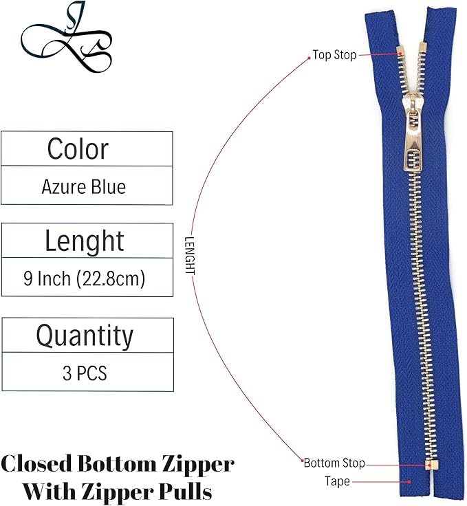 #5 Gold Metal Zipper - 50+ Colors - 3 PCS - (4-14 inches) Sizes - Luxury Lightweight Handcraft Metal Zippers with pulls for Purses Bags Pockets Shoes Sewing & Crafts DIY ZP02419