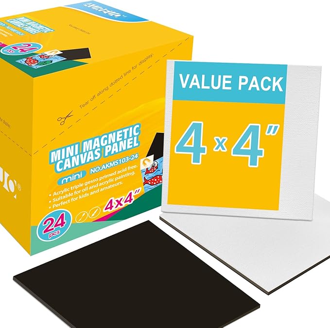 AUREUO Mini Magnetic Canvas Panel 4x4 Inch / 24 Pack - Small Square Flat Canvas Board with Magnet Back Art Gift Set, Bulk Pack Tiny Thin Canvases for Christmas Painting & Craft