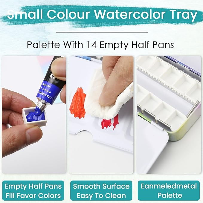 Empty Watercolor Palette Tin - Metal Watercolor Palette Empty with 14PCS Empty Half Pans - Watercolor Tin Suitable for Watercolor, Acrylic, Gouache, Oil Painting