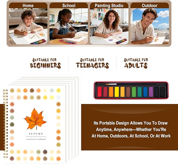Kivzex Watercolor Workbook for Adults, Beginner Friendly Watercolor Painting Kit Autumn Water Coloring Book, Nature-Themed Practice Art Gift Water Color Paint Book with Palette and Brush