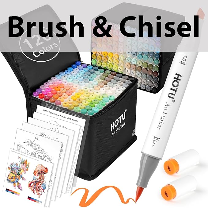 Alcohol Markers Brush Tip-120 Colors Dual Tip Brush & Chisel Art Marker Set for Artist Coloring Illustration with Line Art for Coloring, Colorless Blender, Swatch Card, Anti-bleed Pad