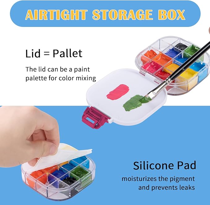 Falling in Art Paint Palette, Airtight 16 Wells Storage Palette Box with Lid and Folding Paint Brush Basin for Watercolor, Gouache and Acrylic Painting (Red)