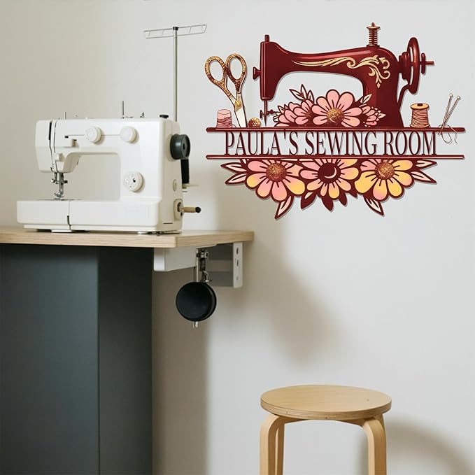 Custom Sewing Machine Metal Sign with Name, Personalized Sewing Room Quilting Studios Craft Space Decor, Customized Mother's Day Birthday Gifts for Quilters Women Mom Grandma Wife