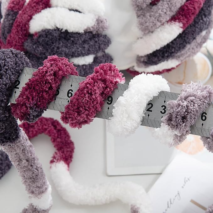 HOMBYS 8 Pack Giant Chunky Yarn for Crocheting and Knitting, Super Bulky Large Soft Fluffy Tie Dye Plush Fuzzy Mixed Color Thick Chenille Yarn (Wine Red, Grey, White)