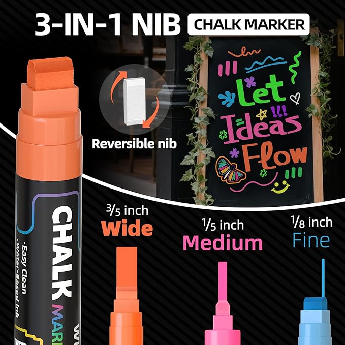 WUO Window Chalk Markers,12 Colors Car Markers,15mm 3-In-1 Jumbo Wide Nib, Dust-Free & Non-Toxic - Erasable Blackboards Marker For Rock Painting, Poster, Stone, Ceramic, Glass