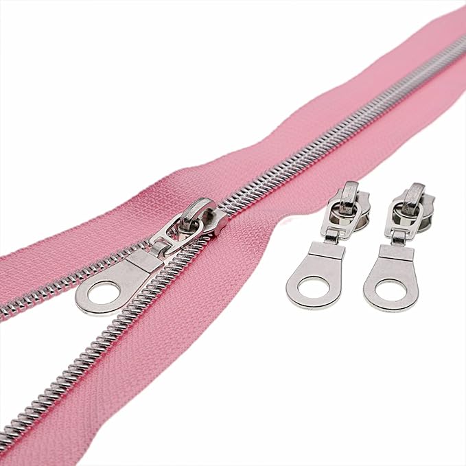 #5 Silver Metallic Nylon Coil Zippers by Yard Bulk Coil Zipper Roll 10 Yards with 25pcs Silver Pull for DIY Sewing Craft Bag(Pink) YIGUANXIN