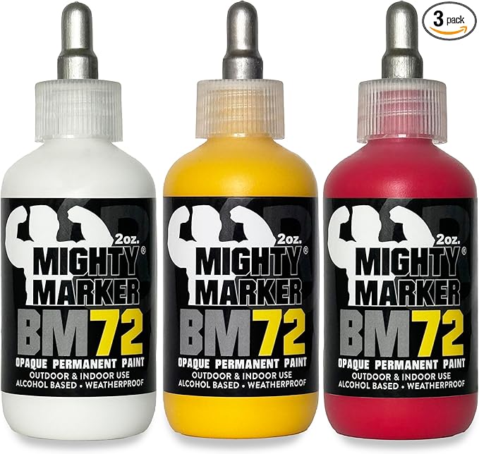BM-72 Bottle Marker, 2oz (60ml) Alcohol-Based Paint, 1.2mm Steel Ball Tip, Valve Action, Waterproof & Weatherproof, Writes on Rough & Oily Surfaces, Made in USA - 3 Pack
