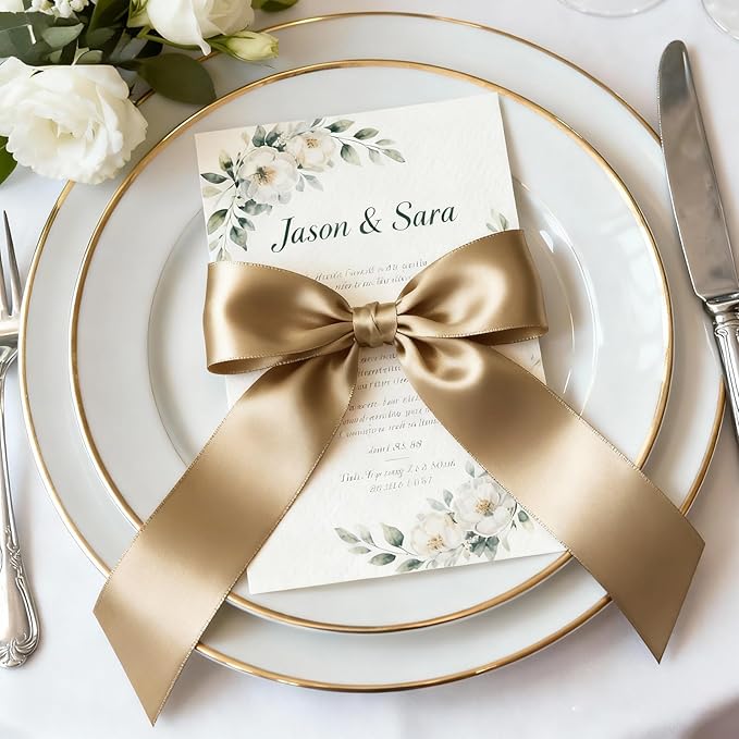 1-1/2" x 50 Yards Satin Ribbon - Champagne Gold Silk Ribbon with Spool - Ideal for Gift Wrapping, Floral Bouquets, Crafts, Wedding Party Decorations, Christmas and Sewing Projects