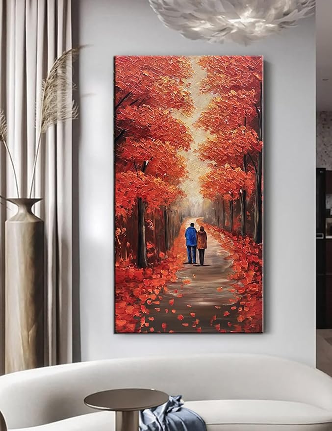 Autumn Forest Path Canvas Wall Art, Red Fall Trees Oil Painting, Large Modern Textured Artwork