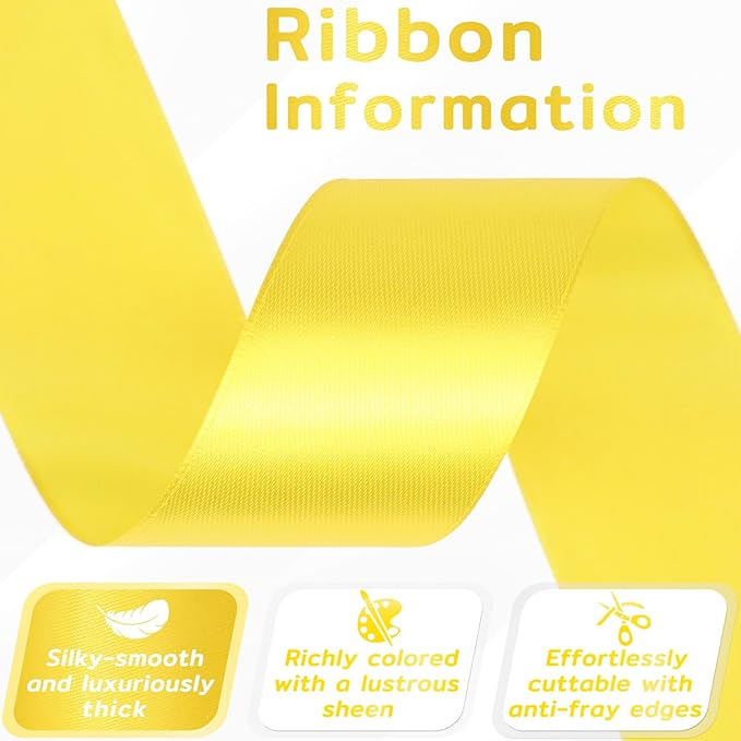 60 Yards Yellow Satin Ribbon 1-1/2 Inch, Solid Polyester Fabric Ribbon for Gift Wrapping, Crafts, Flower Bouquet, Wedding, Eternal Flowers, Festival, Christmas, Halloween