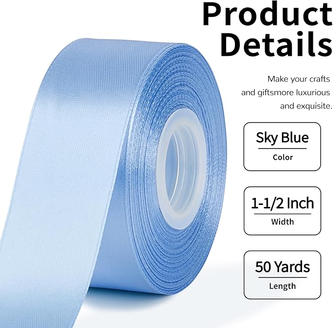 1-1/2 Inch Wide Sky Blue Satin Ribbon, 50 Yards Solid Polyester Fabric Ribbon for Roses Making, Gift Wrapping, Valentine's Day, Wedding Decorations, Crafts, Bows