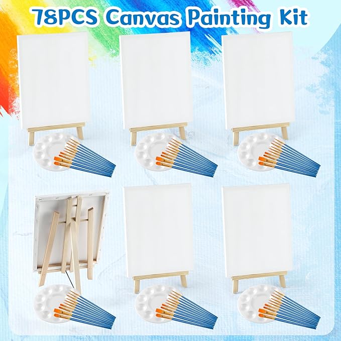 78 Pcs Painting Supplies-6*(16" Easels+11"x14"Stretched Canvases)+60 Brushes+6 Palettes,Paint Set for Paint Parties,Sip and Paint,Couples Painting Kits for Adults, Kids,Students,Artists,Beginner