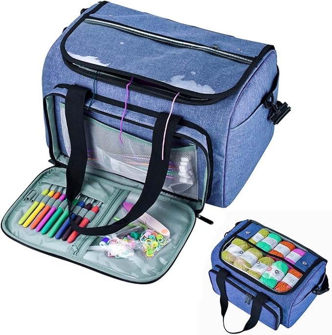 Weabetfu Large Crochet Bag Knitting Bags and Totes Organizer Huge Yarn Bag Storage for Crocheting Knitter,Crochet Hooks,Knitting Needles Kit,Supplies,Yarn - Ideal Crochet & Knitting Gift(Blue)