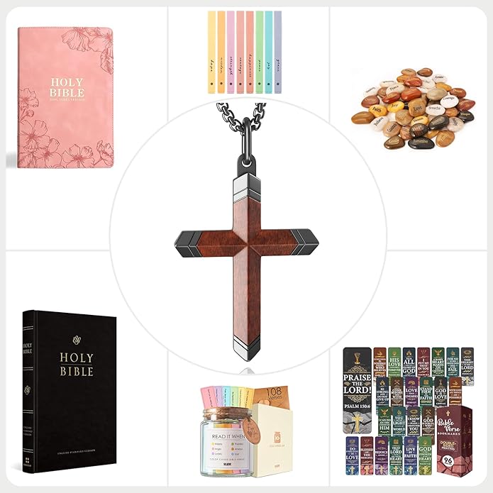 Wooden Cross Necklace for Men and Women 304L Stainless Steel Durable Snag-Free Box Chain with Reinforced Clasp Christian Jewelry Gift for Dad/Son/Husband/Loves/Friends