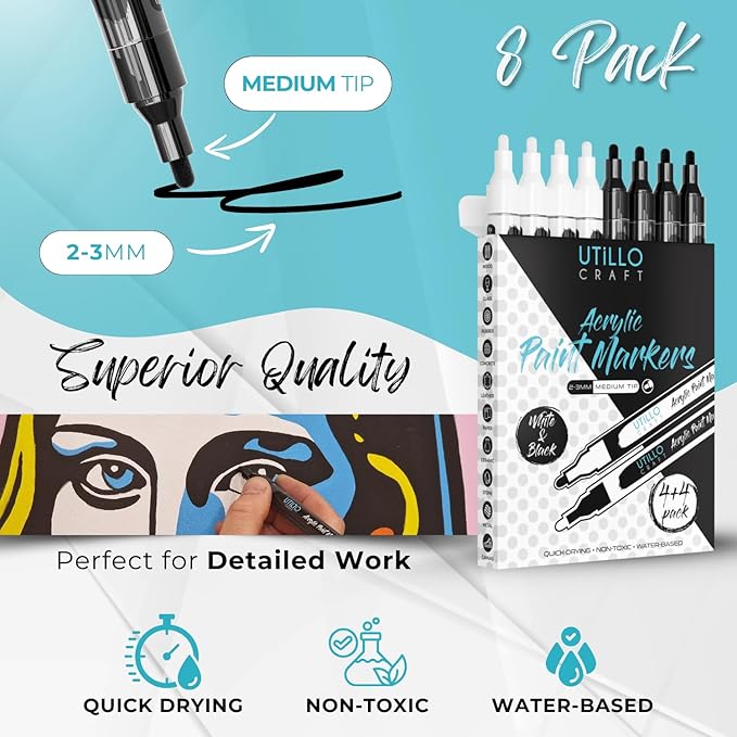 Utillo Craft White and Black Paint Pen (8-Pack) for Rock Painting, Wood, Glass, Tire, Canvas, Metal, Fabric | Medium 2-3mm Tip Made in Japan | Bold Color Acrylic Paint Markers Perfect Art DIY Gift