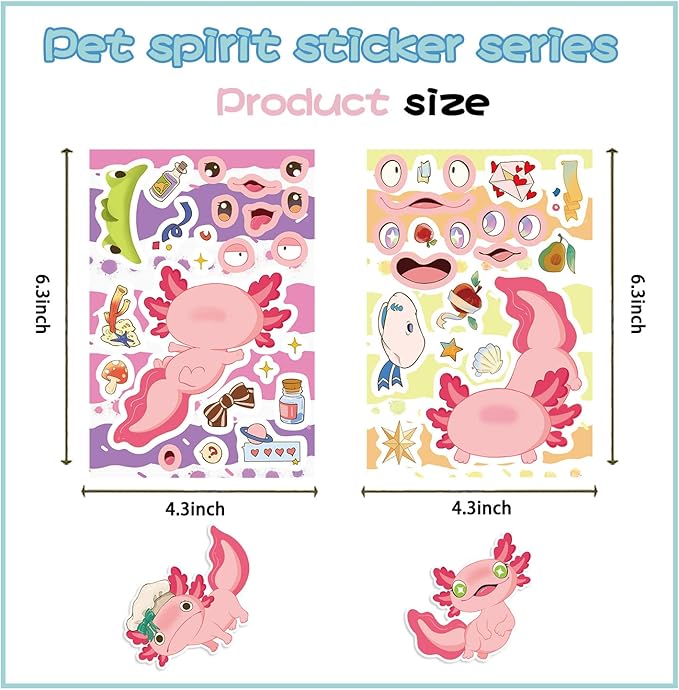 Axolotl Make a Face Stickers - 24 Sheets Mix & Match Make Your Own Salamander Stickers for Craft Projects, Scrapbooking, Laptop