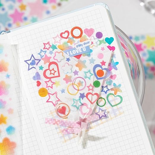 Colorful Gradient Heart Circle Flower Star PET Tape Stickers For Journaling Pre Cut Hearts Circles Stars Flowers PET Washi Tape Set Junk Journal Decorative Floral Circular Stickers Scrapbook Supplies