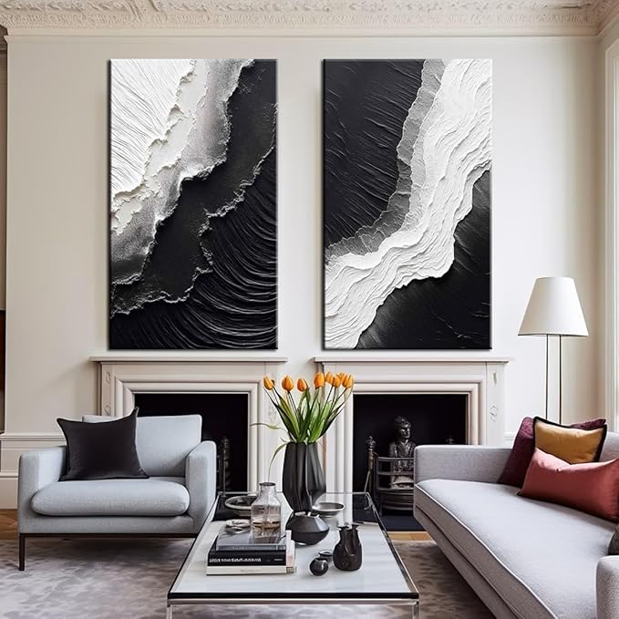 YaSheng Art - Hand-Painted Thick Texture Abstract Oil Painting sea wave Black and White Wall Art Minimalist modern Art Paintings Home Living room Room Dining Room Bedroom Wall Decorative Art Oil Painting 24x48inch