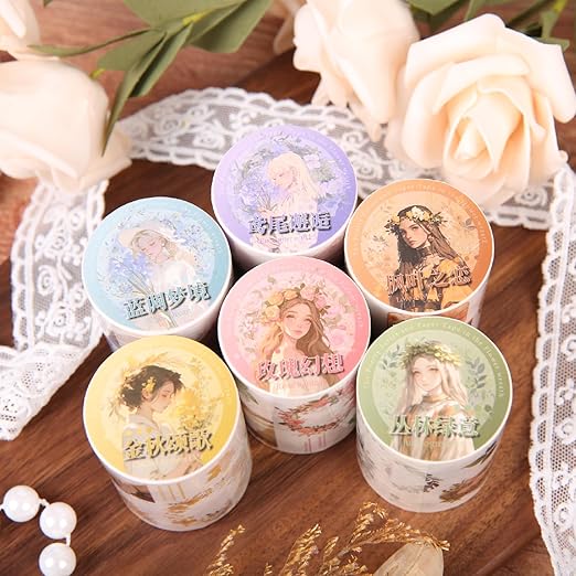 Alideco 6pcs Decorative Adhesive Tapes Fresh Literary Girl Botanical Flower Landscape PET Tape Great for Bullet Journal Supplies, Arts, Scrapbook, DIY Crafts, Planners (huahuanzhongdeshipian)