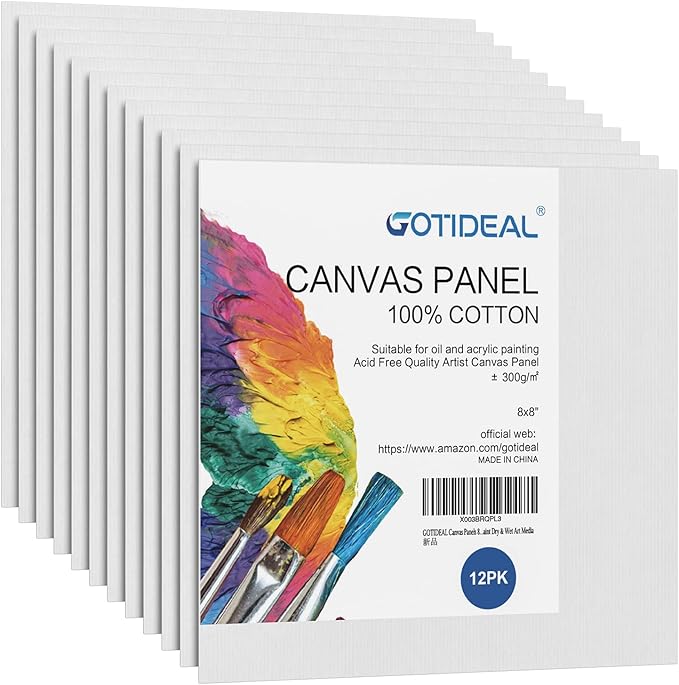 GOTIDEAL Canvases for Painting, 8x8 inch of 12, Professional Primed White Blank Flat Canvas Panels- 100% Cotton Artist Canvas Boards for Acrylics Painting, Oil Watercolor Tempera