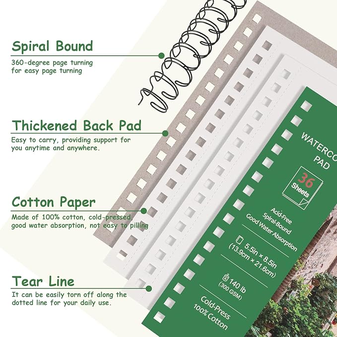 Prudiut 36 Sheets Watercolor Paper Pads 5.5x8.5”, 140 lb/300 GSM Cold Press Water Color Paper, Spiral Bound Watercolor Sketchbook for Watercolors, Art Painting, Journal