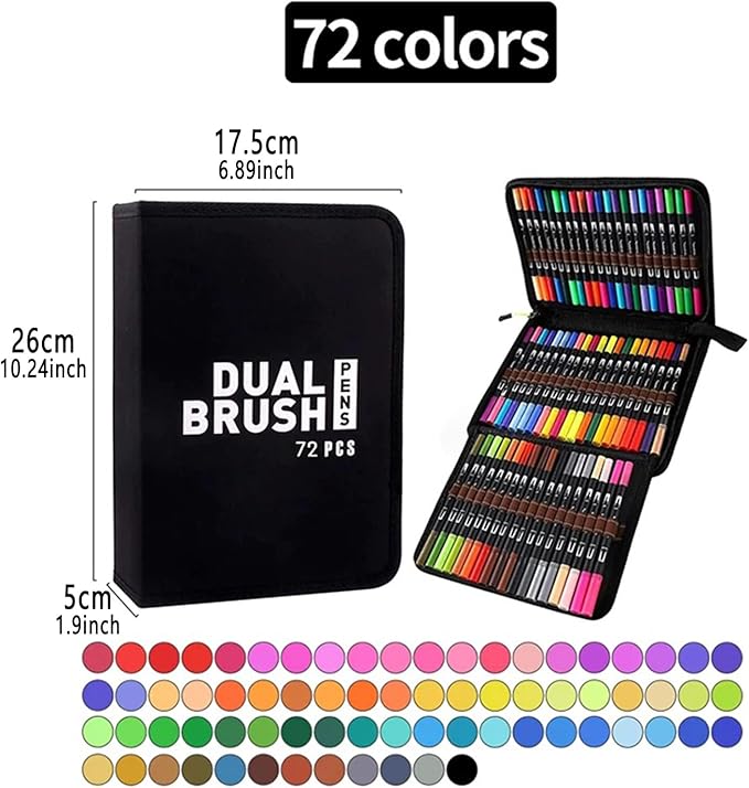 Dual Brush Marker Pens, 72 Colors Art Markers Set with Fine and Brush Tip Markers for Adult Coloring Books No Bleeding, Can Be Used for Note Taking Planner Hand Lettering Calligraphy
