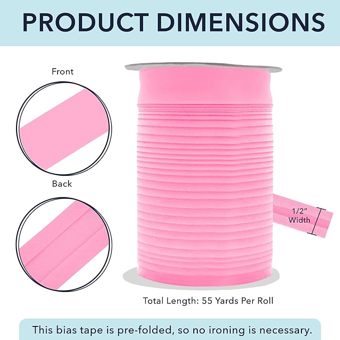 Mandala Crafts 1/2 Inch Single Fold Bias Tape for Sewing, Quilting, Piping, Hemming, Blanket & Quilt Binding – 55 Yards Pink Fabric Seam Binding Tape